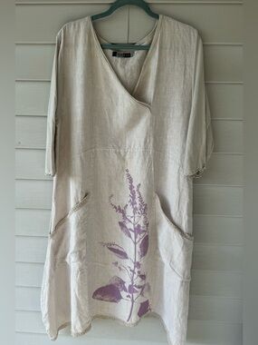 Blue Fish Linen Tunic Dress with Lavender Botanical Print